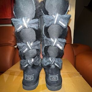 UGG Black Furry Boots with Bows